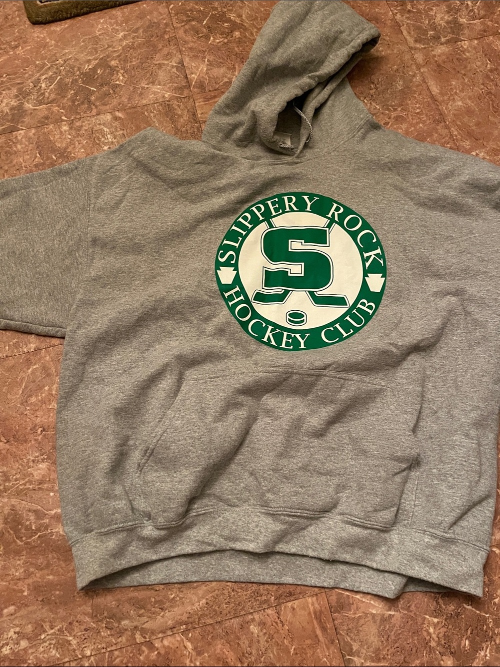 Gildan Gray Hooded Sweatshirt with Green & White Slippery Rock Hockey Club Logo
